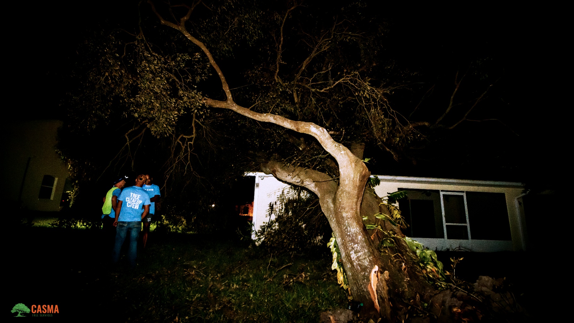Cleanup crew assessing storm-damaged tree leaning on a house at night